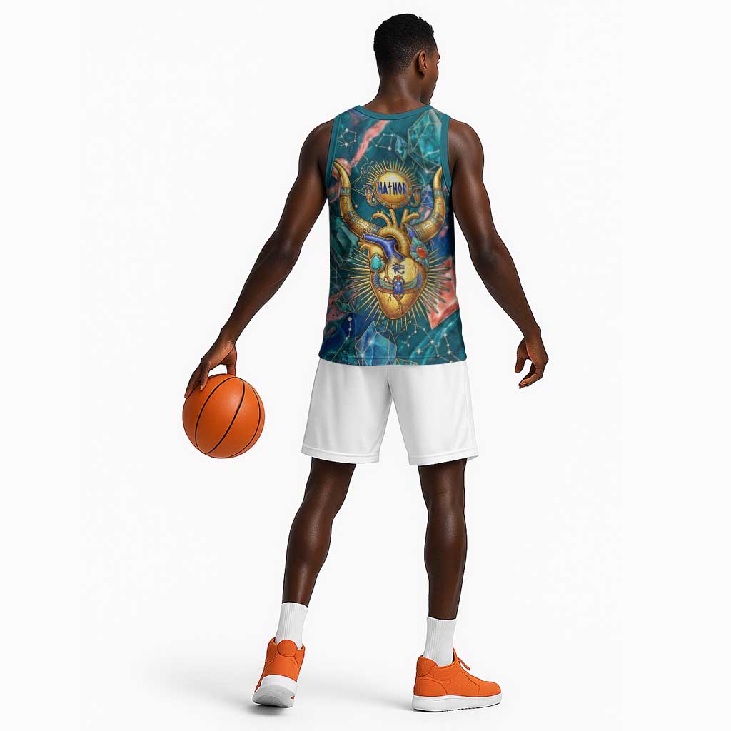 Hathor Golden Sacred Heart Egyptian Basketball Jersey with Gemstone Pattern in Turquoise Theme