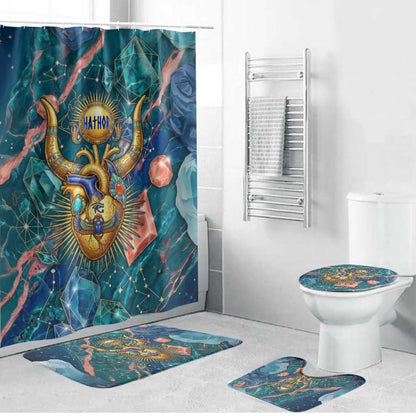 Hathor Golden Sacred Heart Egyptian Bathroom Set with Gemstone Pattern in Turquoise Theme
