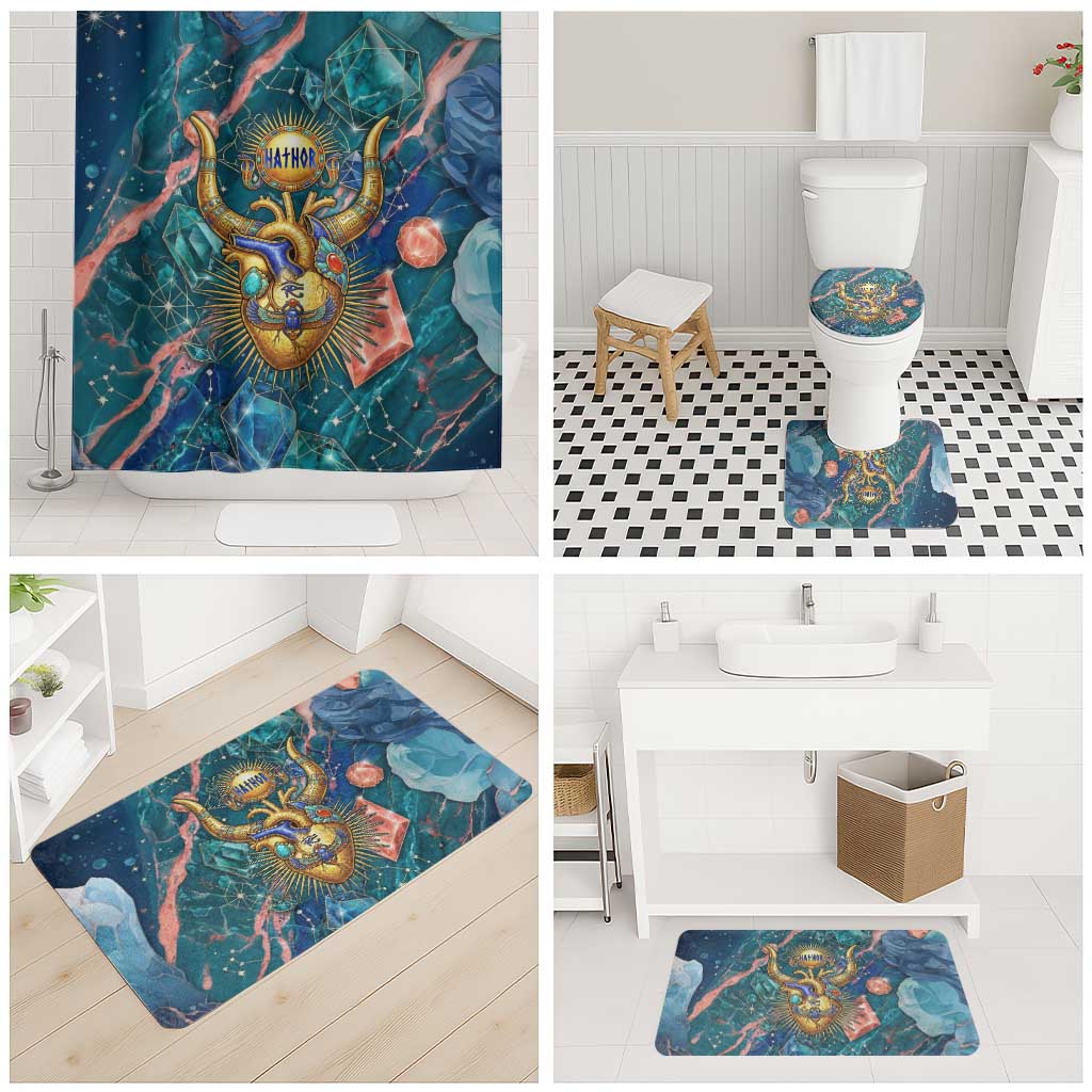 Hathor Golden Sacred Heart Egyptian Bathroom Set with Gemstone Pattern in Turquoise Theme