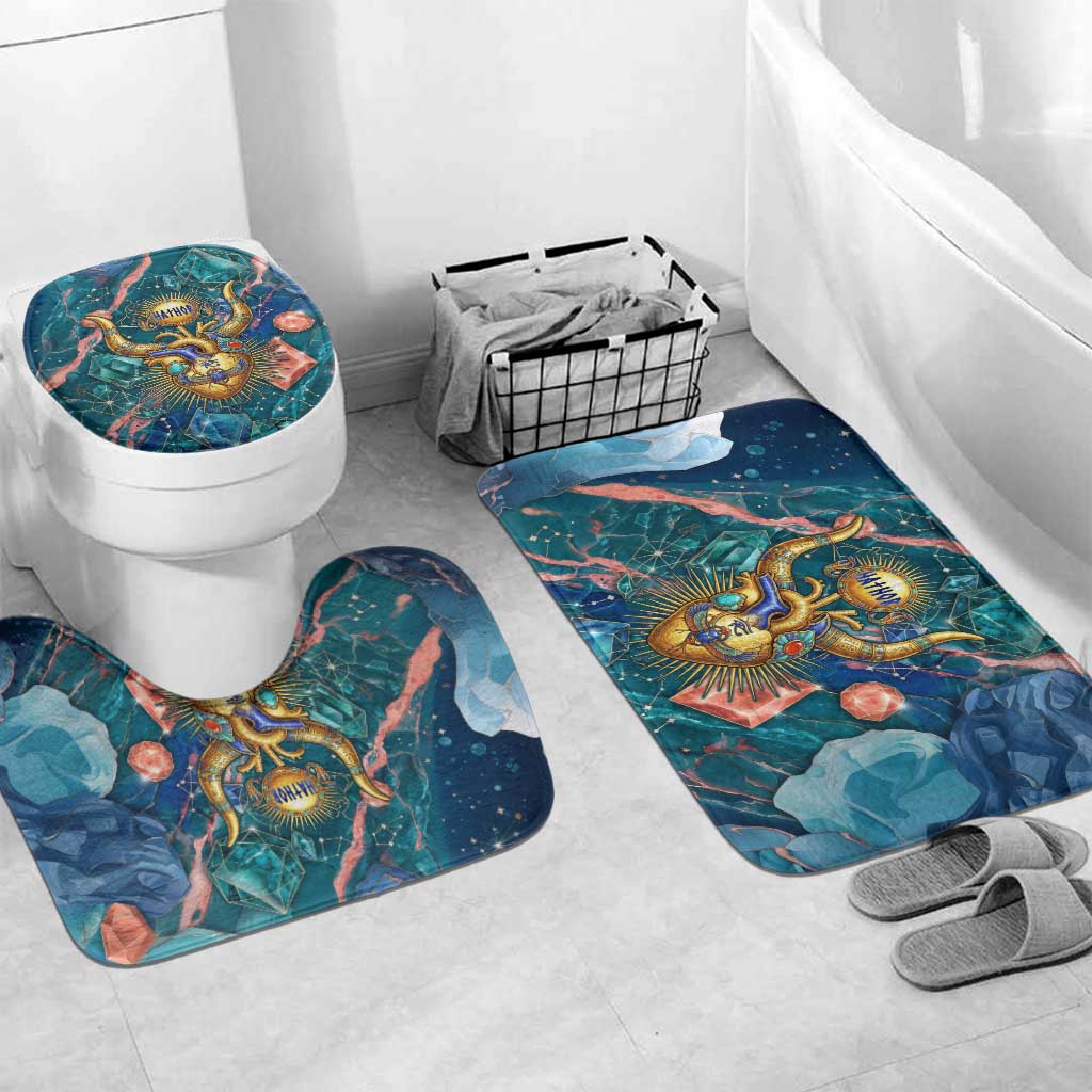 Hathor Golden Sacred Heart Egyptian Bathroom Set with Gemstone Pattern in Turquoise Theme