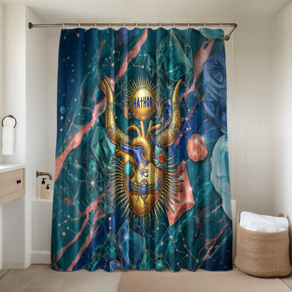 Hathor Golden Sacred Heart Egyptian Bathroom Set with Gemstone Pattern in Turquoise Theme