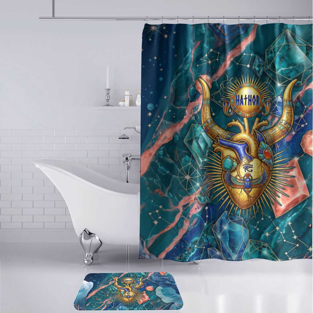 Hathor Golden Sacred Heart Egyptian Bathroom Set with Gemstone Pattern in Turquoise Theme