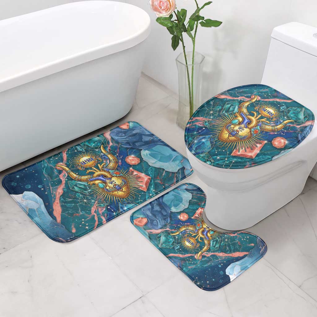 Hathor Golden Sacred Heart Egyptian Bathroom Set with Gemstone Pattern in Turquoise Theme