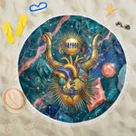 Hathor Golden Sacred Heart Egyptian Beach Blanket with Gemstone Pattern in Turquoise Theme