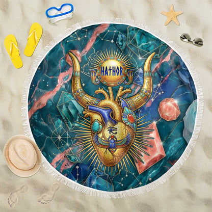 Hathor Golden Sacred Heart Egyptian Beach Blanket with Gemstone Pattern in Turquoise Theme
