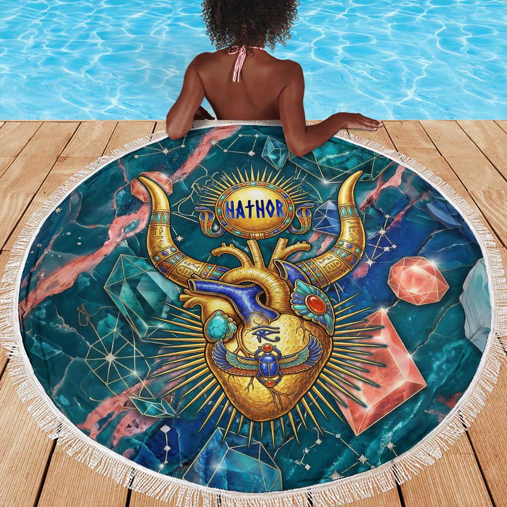 Hathor Golden Sacred Heart Egyptian Beach Blanket with Gemstone Pattern in Turquoise Theme