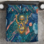 Hathor Golden Sacred Heart Egyptian Bedding Set with Gemstone Pattern in Turquoise Theme