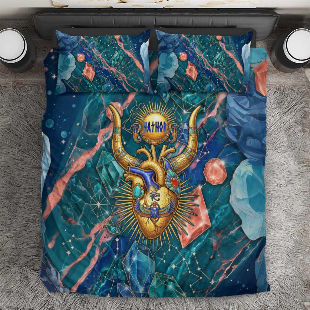 Hathor Golden Sacred Heart Egyptian Bedding Set with Gemstone Pattern in Turquoise Theme