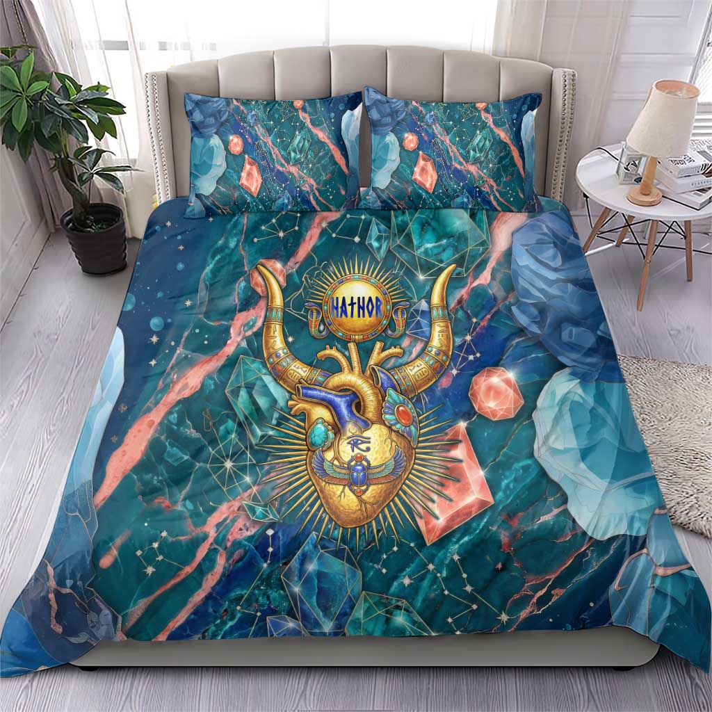 Hathor Golden Sacred Heart Egyptian Bedding Set with Gemstone Pattern in Turquoise Theme