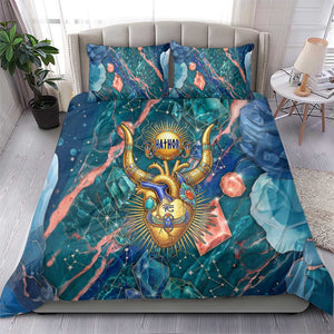 Hathor Golden Sacred Heart Egyptian Bedding Set with Gemstone Pattern in Turquoise Theme