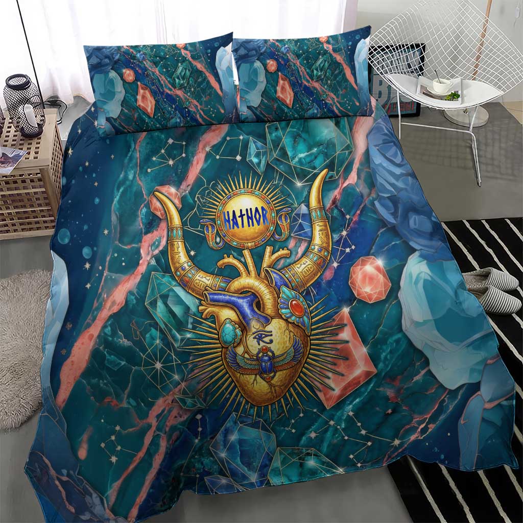 Hathor Golden Sacred Heart Egyptian Bedding Set with Gemstone Pattern in Turquoise Theme