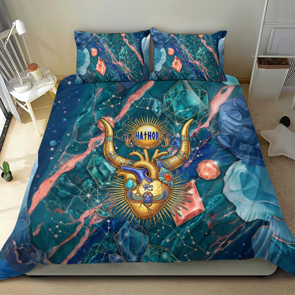 Hathor Golden Sacred Heart Egyptian Bedding Set with Gemstone Pattern in Turquoise Theme