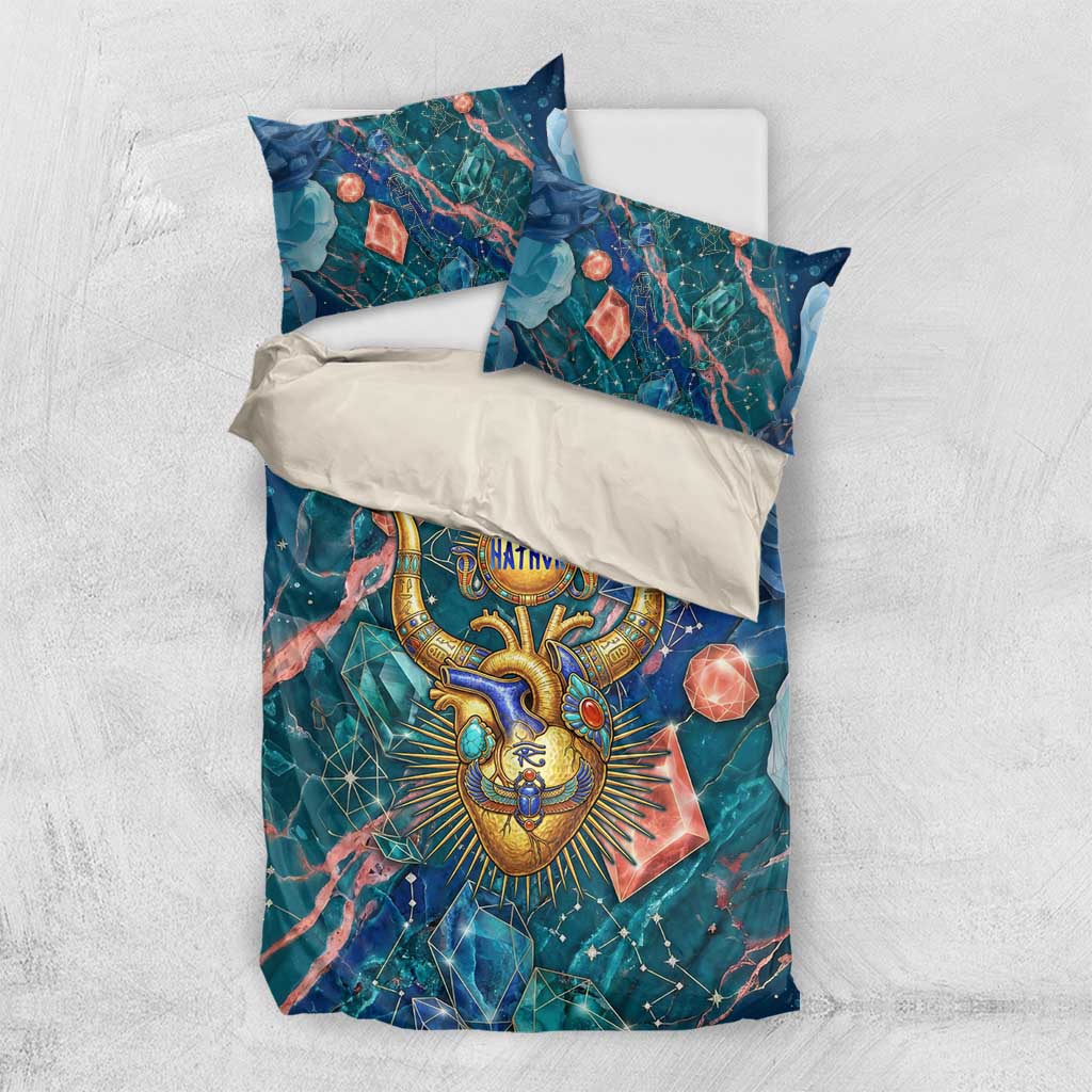 Hathor Golden Sacred Heart Egyptian Bedding Set with Gemstone Pattern in Turquoise Theme