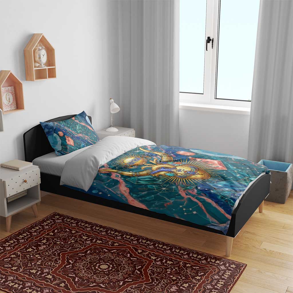 Hathor Golden Sacred Heart Egyptian Bedding Set with Gemstone Pattern in Turquoise Theme