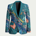 Hathor Golden Sacred Heart Egyptian Blazer with Gemstone Pattern in Turquoise Theme