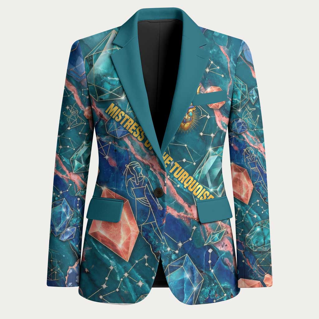 Hathor Golden Sacred Heart Egyptian Blazer with Gemstone Pattern in Turquoise Theme