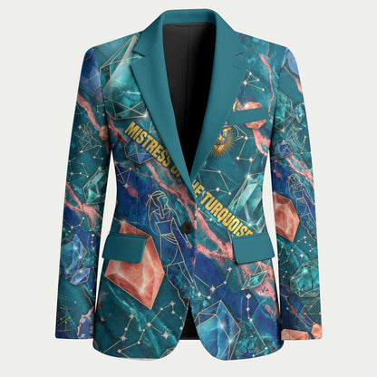 Hathor Golden Sacred Heart Egyptian Blazer with Gemstone Pattern in Turquoise Theme