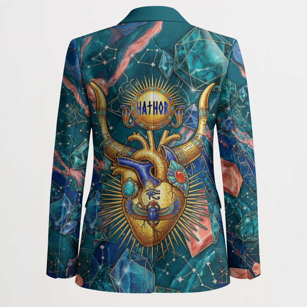 Hathor Golden Sacred Heart Egyptian Blazer with Gemstone Pattern in Turquoise Theme