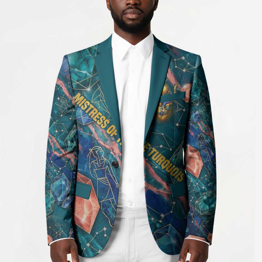 Hathor Golden Sacred Heart Egyptian Blazer with Gemstone Pattern in Turquoise Theme