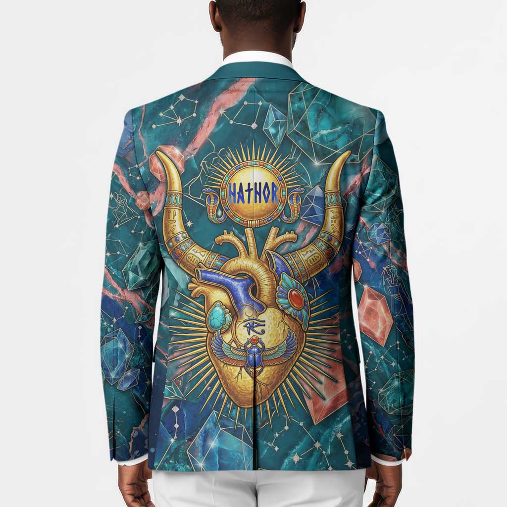 Hathor Golden Sacred Heart Egyptian Blazer with Gemstone Pattern in Turquoise Theme