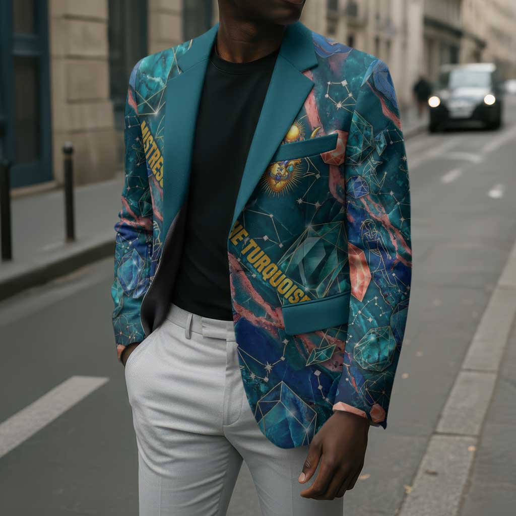 Hathor Golden Sacred Heart Egyptian Blazer with Gemstone Pattern in Turquoise Theme