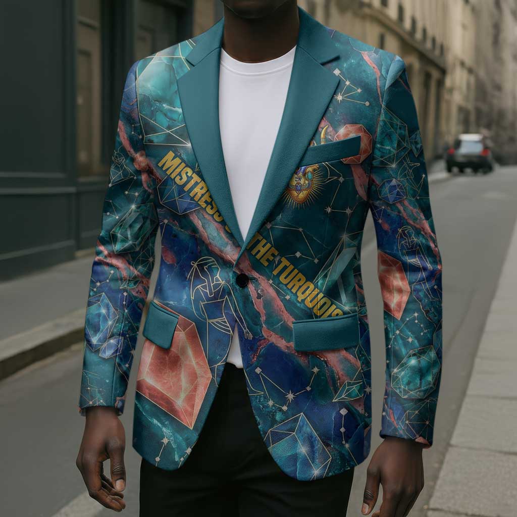 Hathor Golden Sacred Heart Egyptian Blazer with Gemstone Pattern in Turquoise Theme