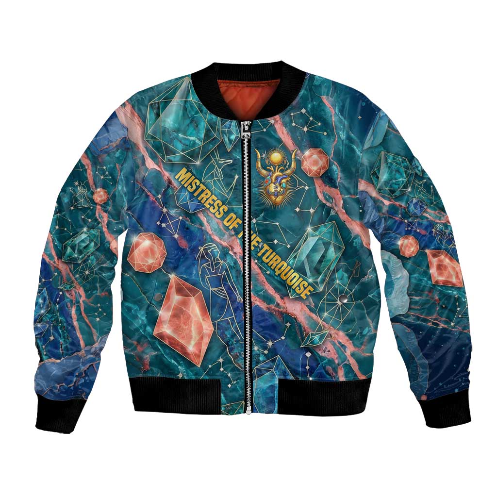 Hathor Golden Sacred Heart Egyptian Bomber Jacket with Gemstone Pattern in Turquoise Theme