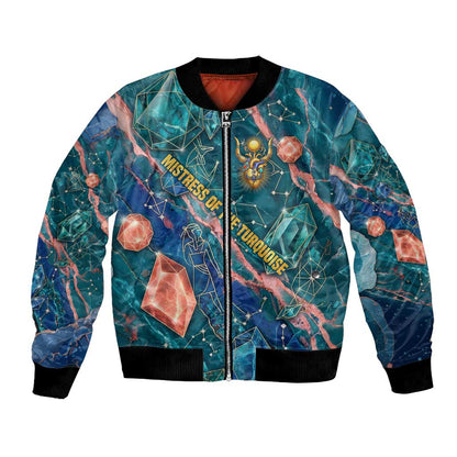 Hathor Golden Sacred Heart Egyptian Bomber Jacket with Gemstone Pattern in Turquoise Theme