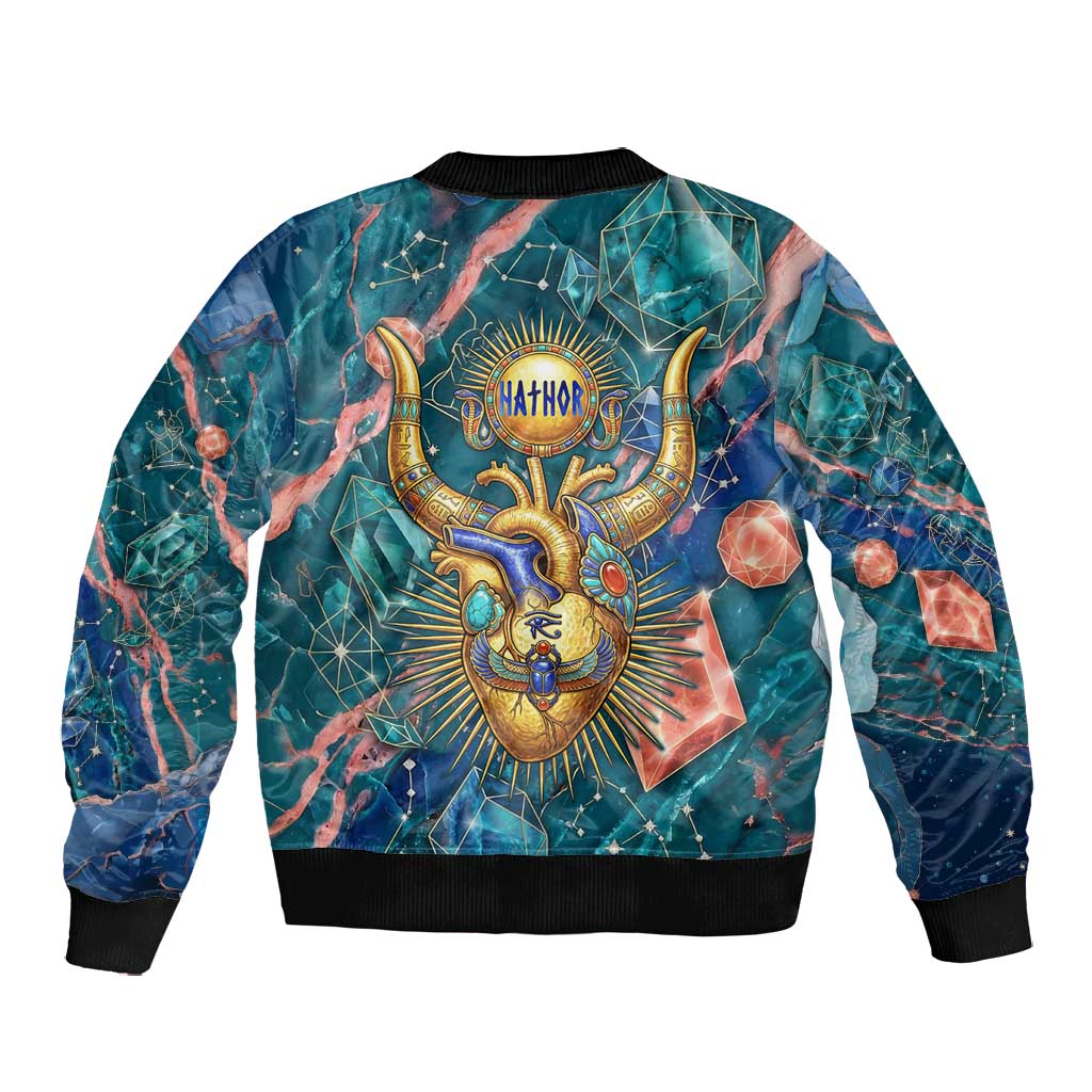 Hathor Golden Sacred Heart Egyptian Bomber Jacket with Gemstone Pattern in Turquoise Theme