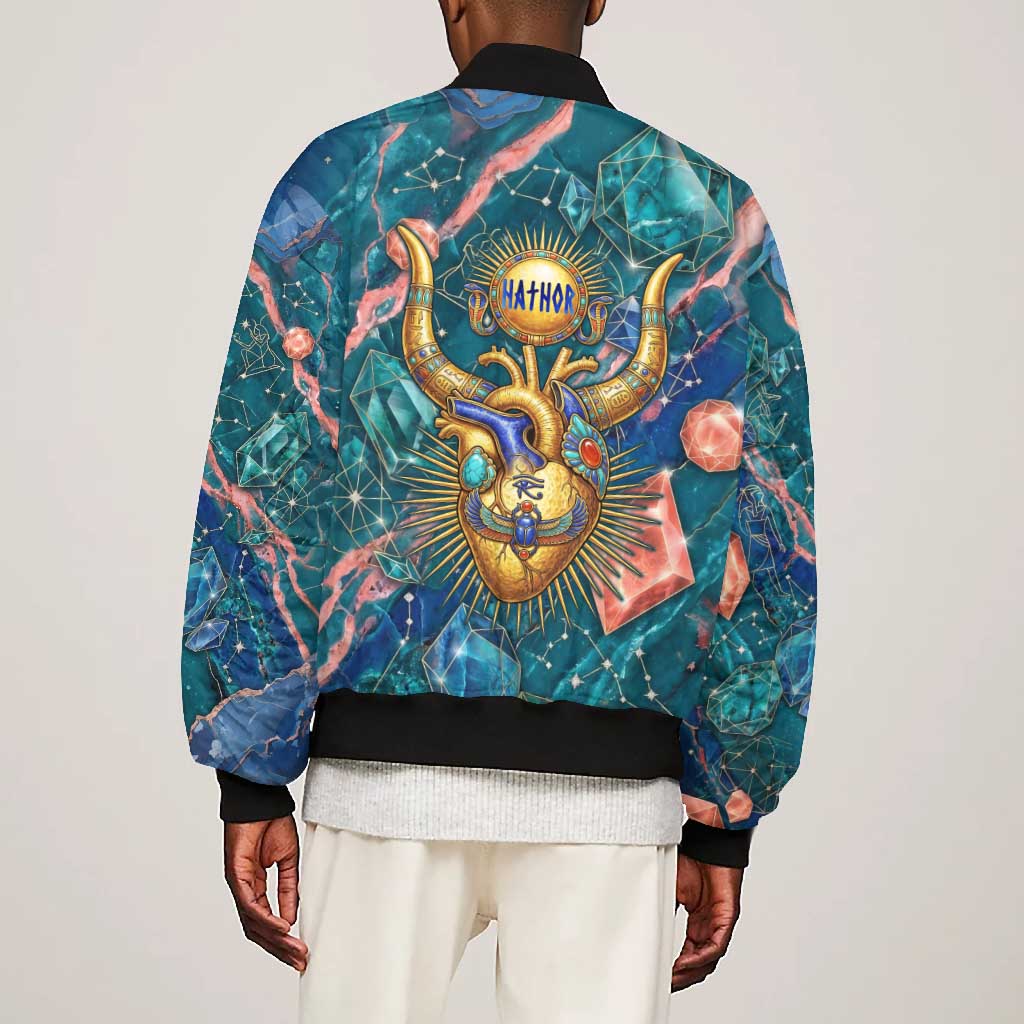 Hathor Golden Sacred Heart Egyptian Bomber Jacket with Gemstone Pattern in Turquoise Theme