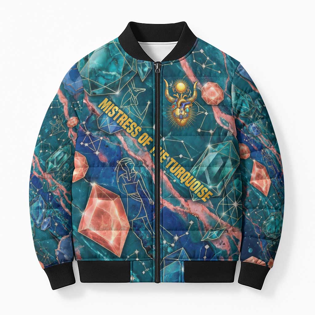 Hathor Golden Sacred Heart Egyptian Bomber Puffer Jacket with Gemstone Pattern in Turquoise Theme