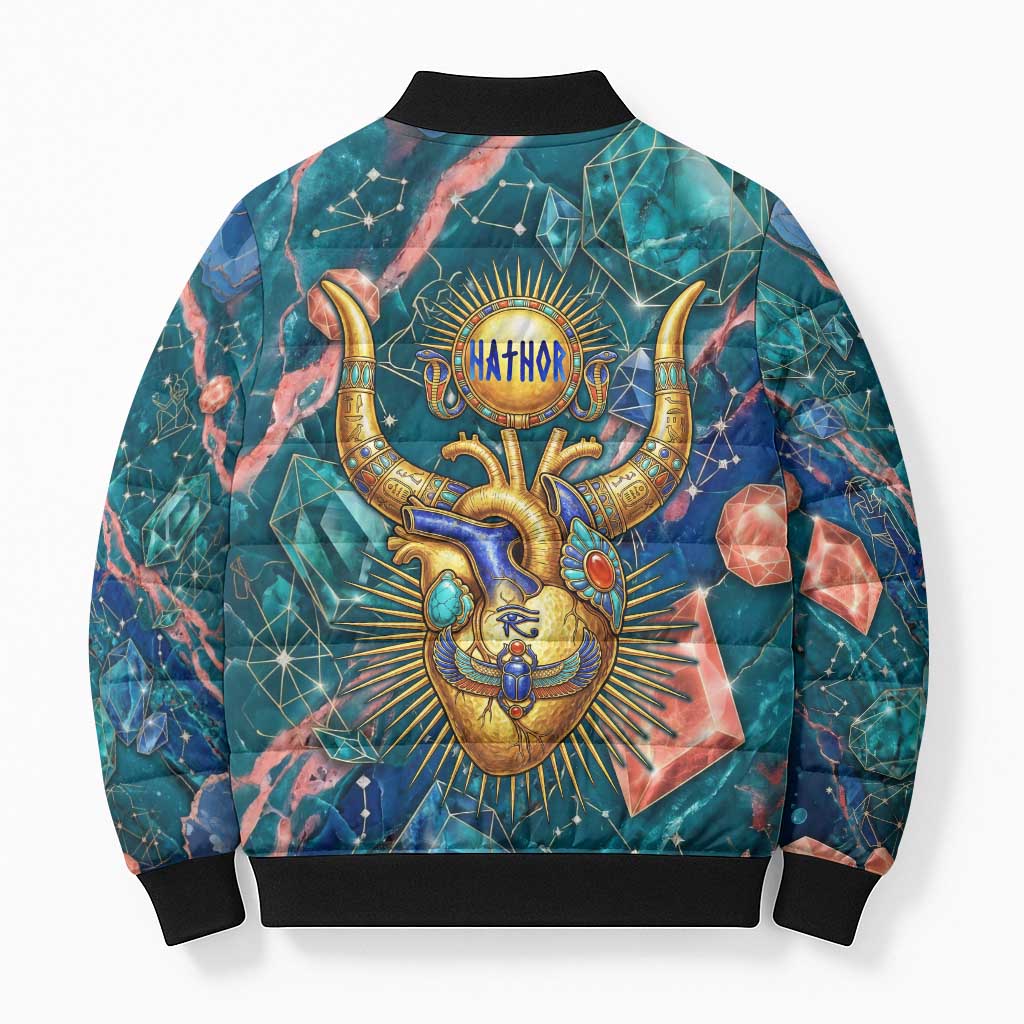 Hathor Golden Sacred Heart Egyptian Bomber Puffer Jacket with Gemstone Pattern in Turquoise Theme