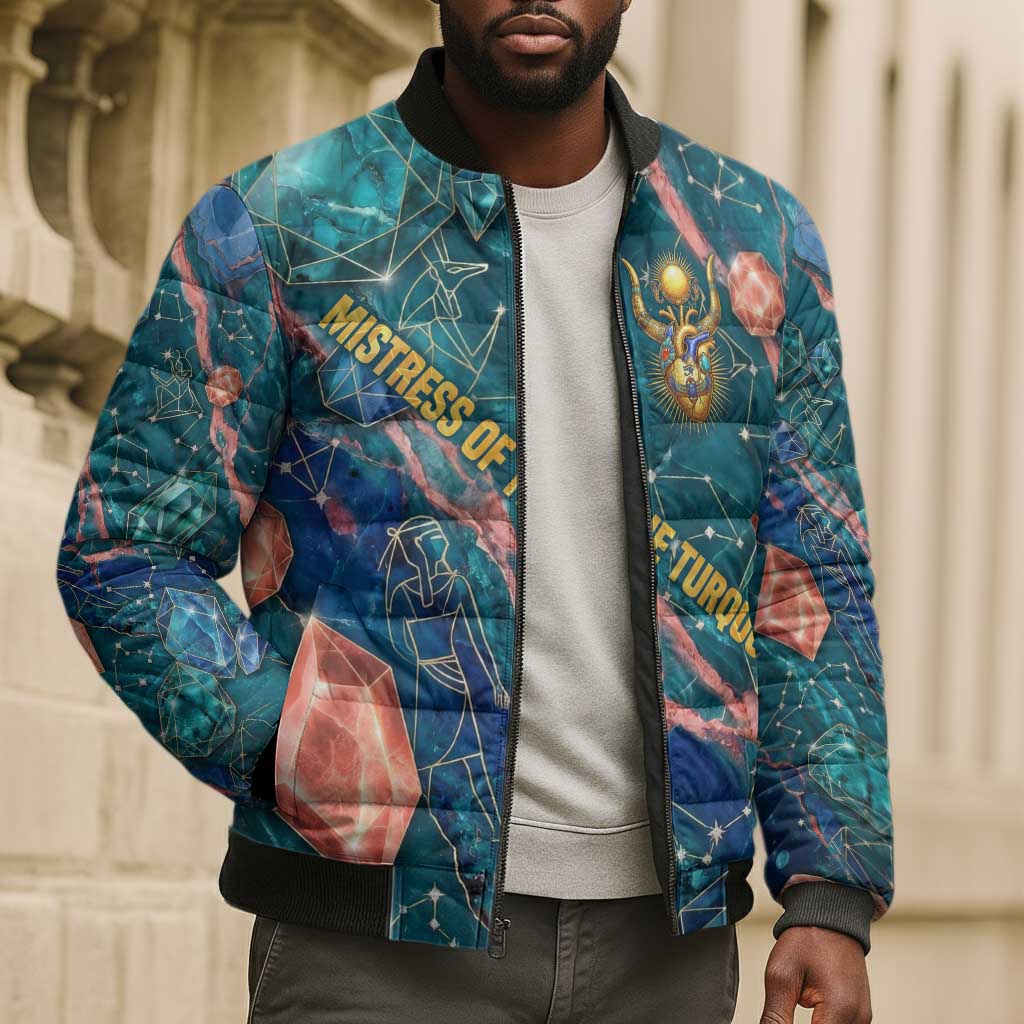 Hathor Golden Sacred Heart Egyptian Bomber Puffer Jacket with Gemstone Pattern in Turquoise Theme