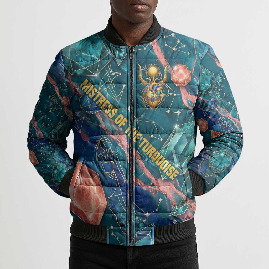 Hathor Golden Sacred Heart Egyptian Bomber Puffer Jacket with Gemstone Pattern in Turquoise Theme