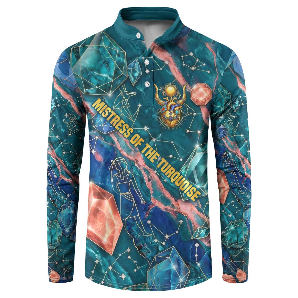 Hathor Golden Sacred Heart Egyptian Button Sweatshirt with Gemstone Pattern in Turquoise Theme