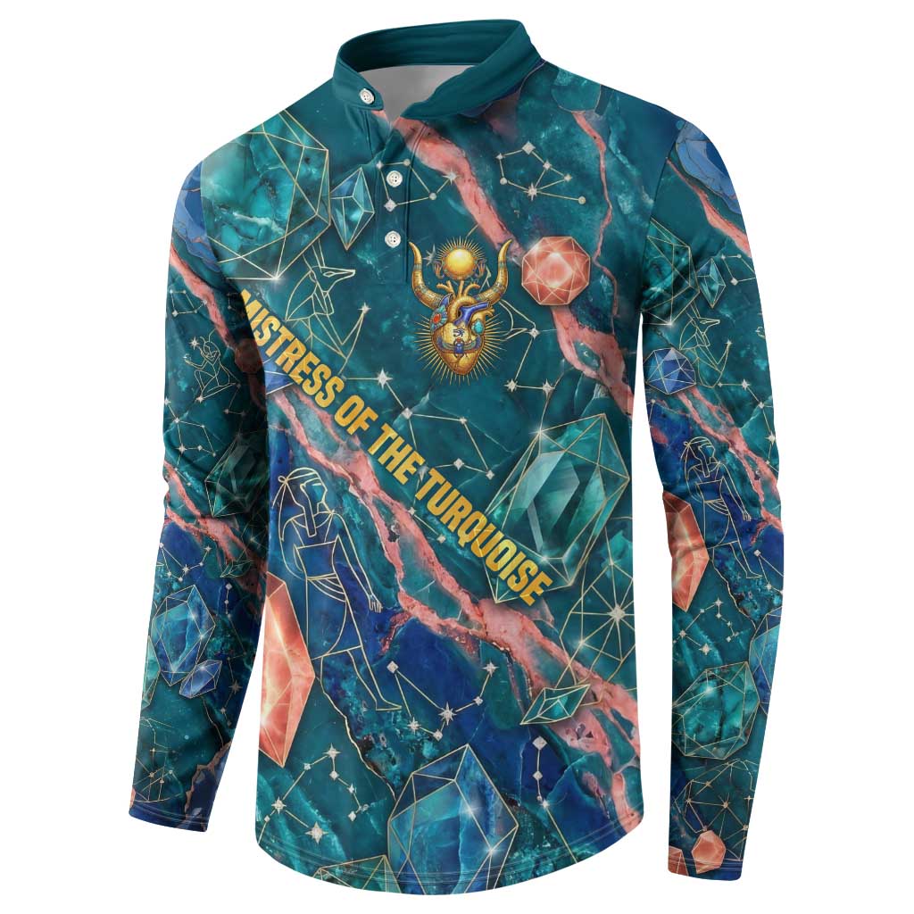 Hathor Golden Sacred Heart Egyptian Button Sweatshirt with Gemstone Pattern in Turquoise Theme
