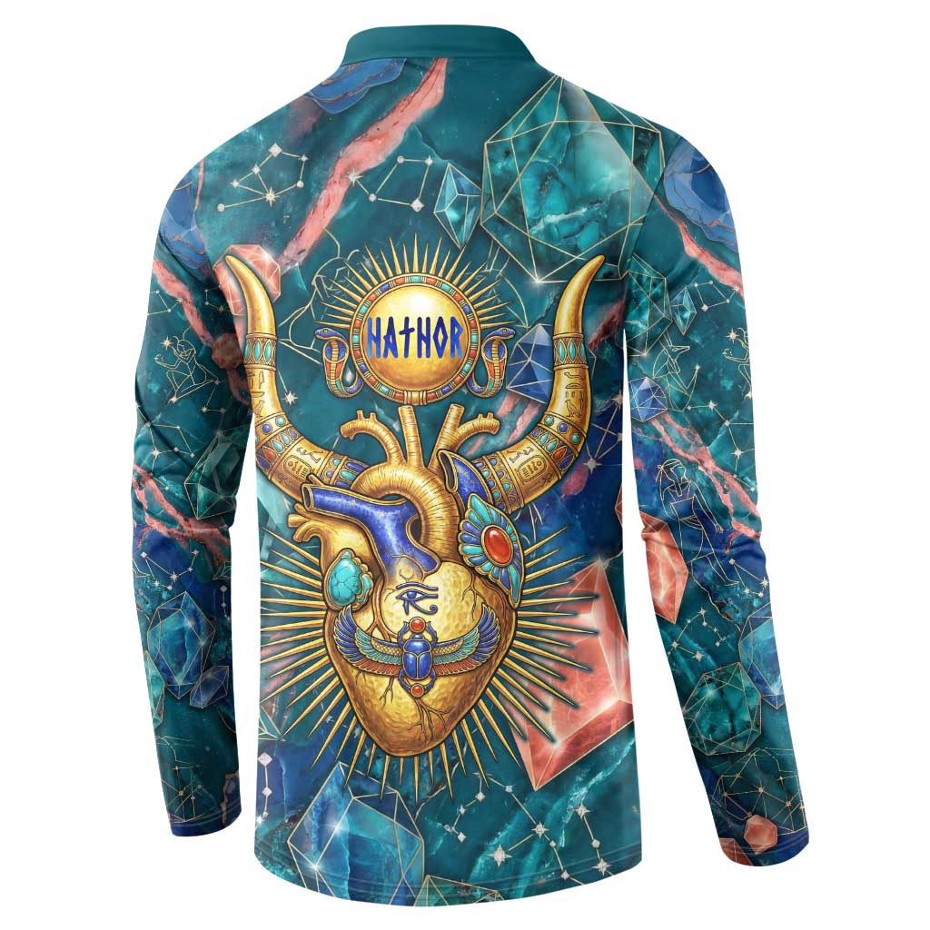 Hathor Golden Sacred Heart Egyptian Button Sweatshirt with Gemstone Pattern in Turquoise Theme