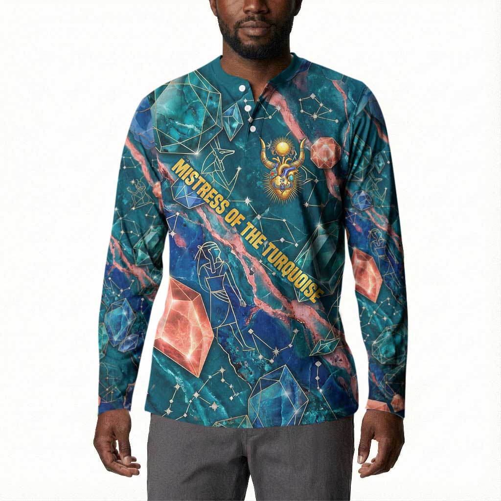 Hathor Golden Sacred Heart Egyptian Button Sweatshirt with Gemstone Pattern in Turquoise Theme