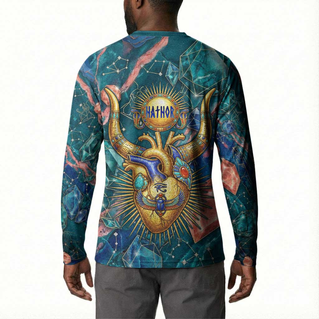 Hathor Golden Sacred Heart Egyptian Button Sweatshirt with Gemstone Pattern in Turquoise Theme