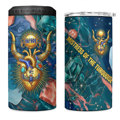 Hathor Golden Sacred Heart Egyptian 4 in 1 Can Cooler Tumbler with Gemstone Pattern in Turquoise Theme