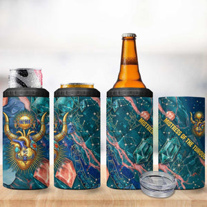 Hathor Golden Sacred Heart Egyptian 4 in 1 Can Cooler Tumbler with Gemstone Pattern in Turquoise Theme