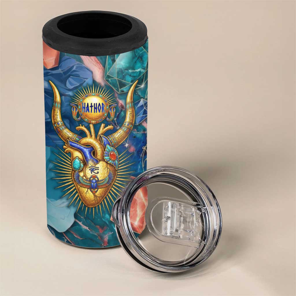 Hathor Golden Sacred Heart Egyptian 4 in 1 Can Cooler Tumbler with Gemstone Pattern in Turquoise Theme