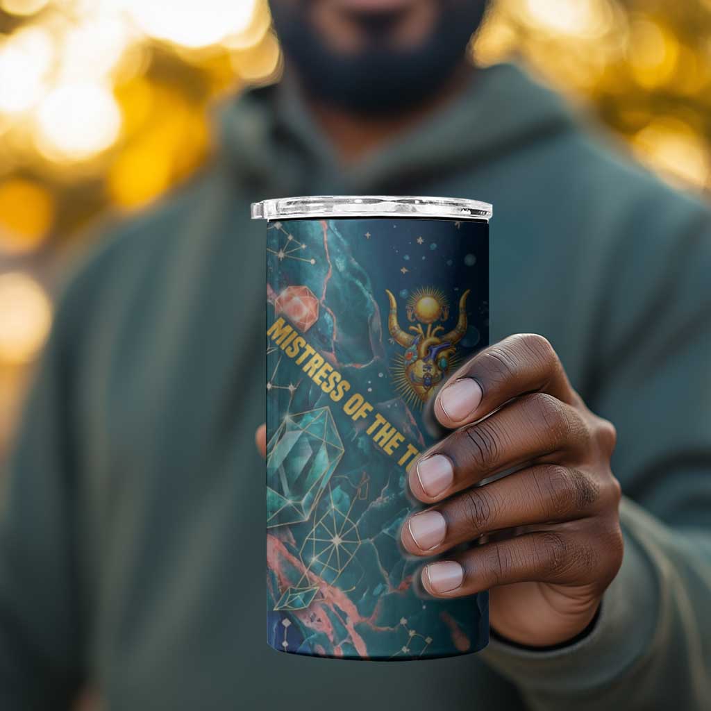 Hathor Golden Sacred Heart Egyptian 4 in 1 Can Cooler Tumbler with Gemstone Pattern in Turquoise Theme