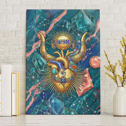 Hathor Golden Sacred Heart Egyptian Canvas Wall Art with Gemstone Pattern in Turquoise Theme