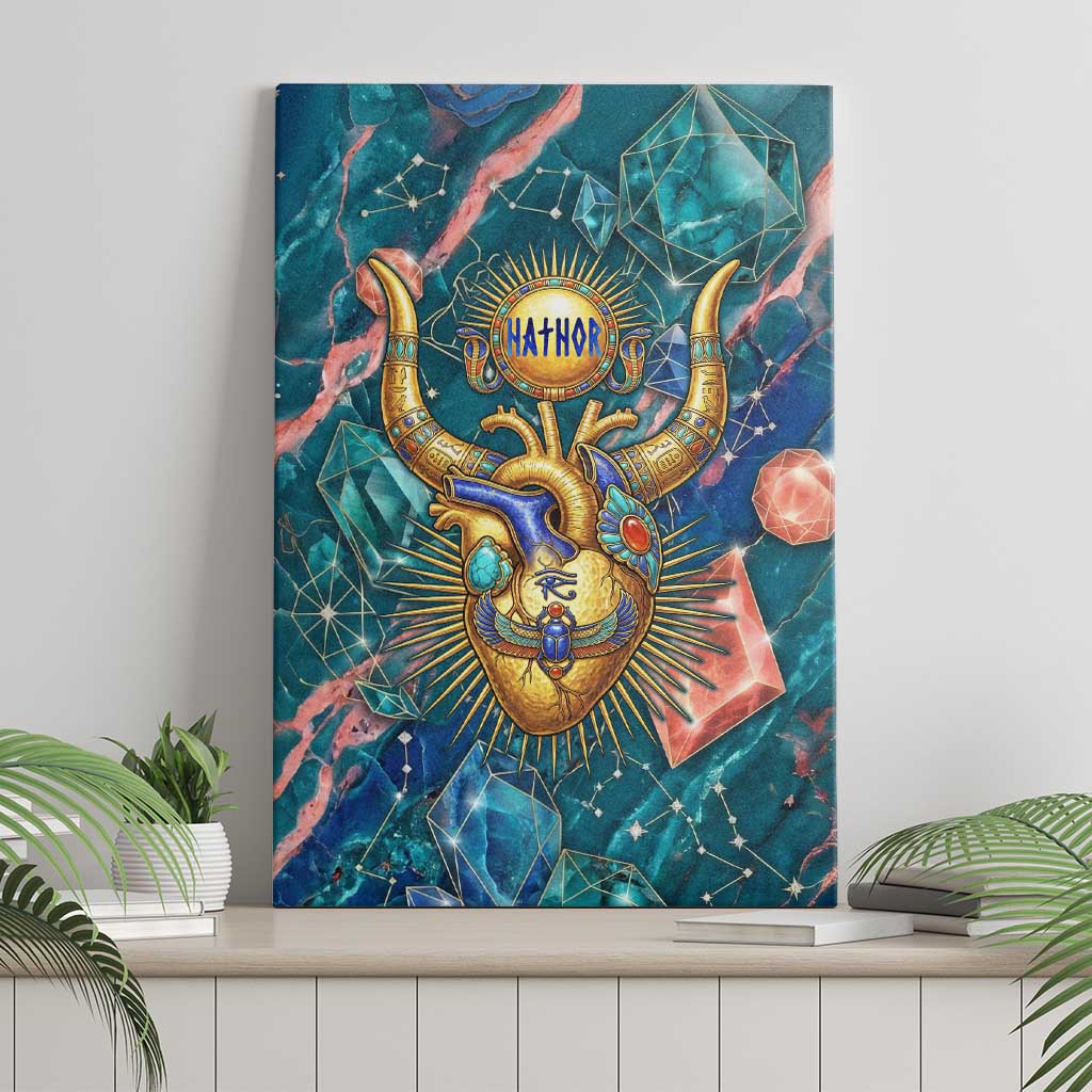 Hathor Golden Sacred Heart Egyptian Canvas Wall Art with Gemstone Pattern in Turquoise Theme