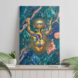 Hathor Golden Sacred Heart Egyptian Canvas Wall Art with Gemstone Pattern in Turquoise Theme