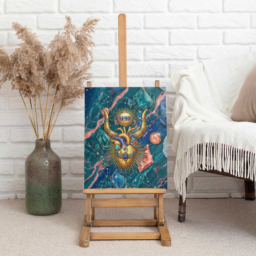 Hathor Golden Sacred Heart Egyptian Canvas Wall Art with Gemstone Pattern in Turquoise Theme