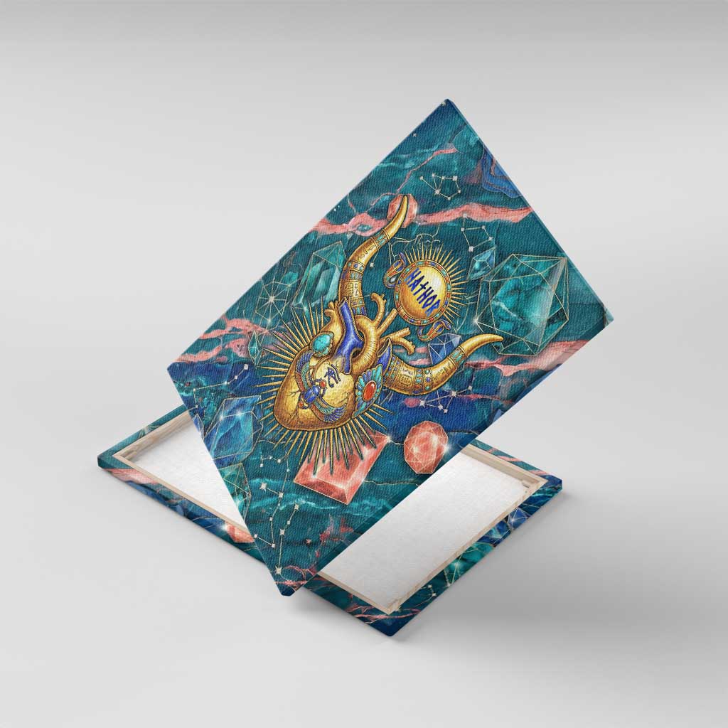 Hathor Golden Sacred Heart Egyptian Canvas Wall Art with Gemstone Pattern in Turquoise Theme