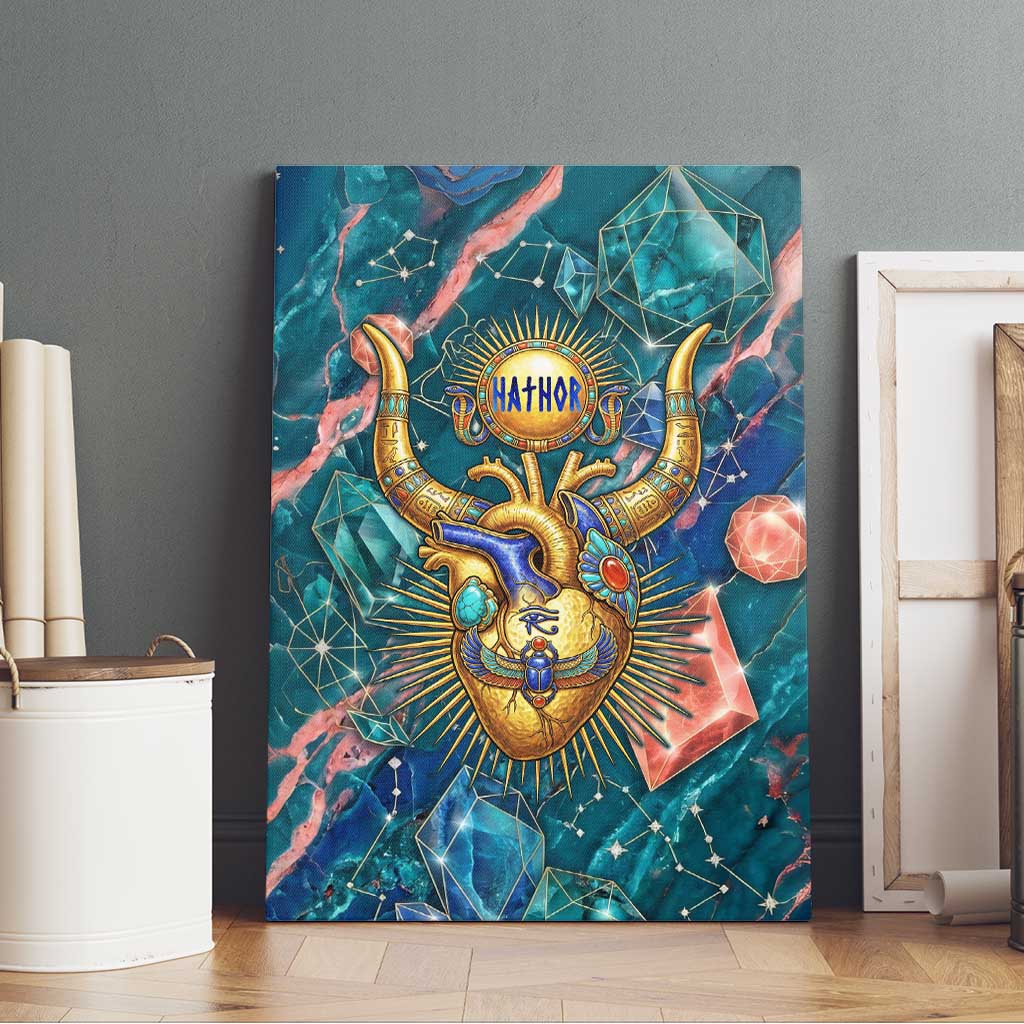 Hathor Golden Sacred Heart Egyptian Canvas Wall Art with Gemstone Pattern in Turquoise Theme