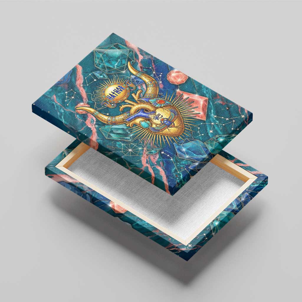 Hathor Golden Sacred Heart Egyptian Canvas Wall Art with Gemstone Pattern in Turquoise Theme